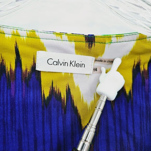 Calvin Klein Dress 16 Faux Wrap Dolman Sleeve Colorful Ikat Surplice Short Plus - Picture 2 of 11